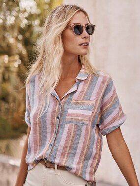 GARNET HILL 100% Linen Short Sleeve Button Front Shirt Top Pastel Stripes. 18